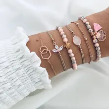 6 Pcs/ Set Women Bracelets Set Boho Gem Shell Turtle Leaf Bead Chain Leather Multilayer Bracelet Charm Lady Gold Jewelry Gift