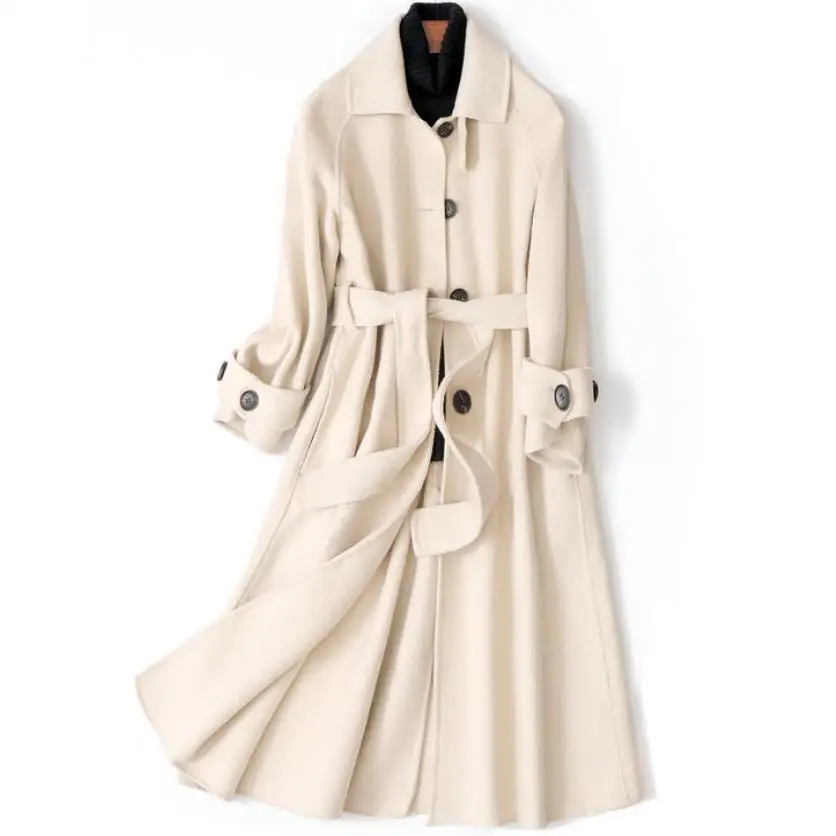 

long woolen blends cashmere coats for women 2019 autumn winter ladies jackets belted loose overcoat double sided beige fashion