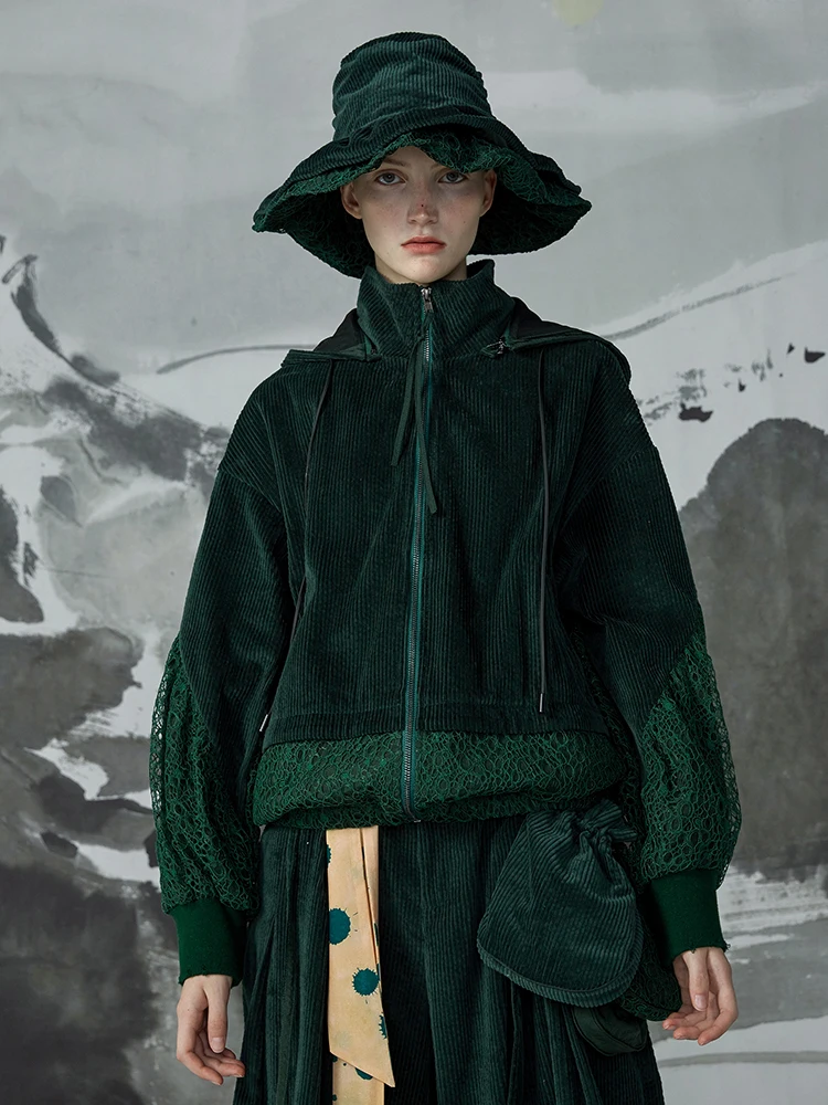 Осень Зима Новая коллекция кружева пэчворк с капюшоном оверсайз Вельветовая куртка для женщин