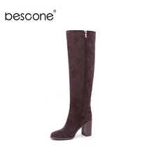 BESCONE/стильные женские сапоги на квадратном каблуке Классическая обувь ручной работы на очень высоком каблуке 9 см пикантные женские сапоги до колена с острым носком; BC316