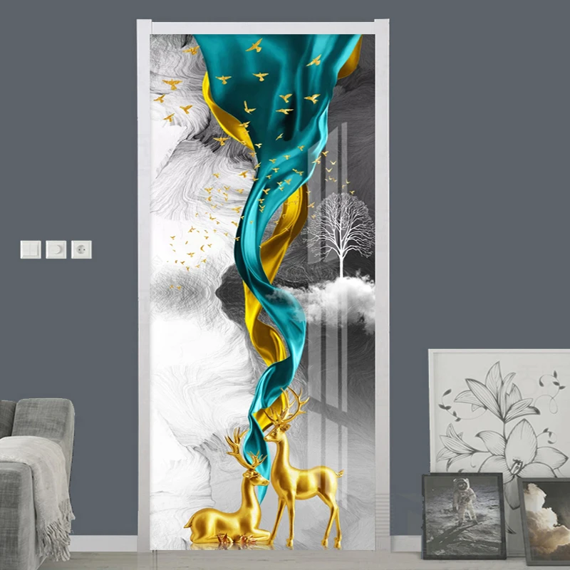 3D Wallpaper Modern Abstract Ink Landscape Golden Elk Door Sticker Living Room Bedroom Home Decor Creative Door Poster PVC Decal