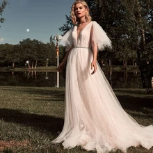 Classical Bridal Gowns A-Line V-Neck Sleeveless Floor-Length Backless Tulle Decent Court Train Wedding Dresses Vestidos De Novia