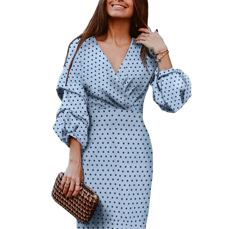 Polka Dot Bohemian Midi Dresses for Women Lantern Sleeve Spring Summer Beach Dresses Three Quarter Sleeve V Neck Party Vestidos