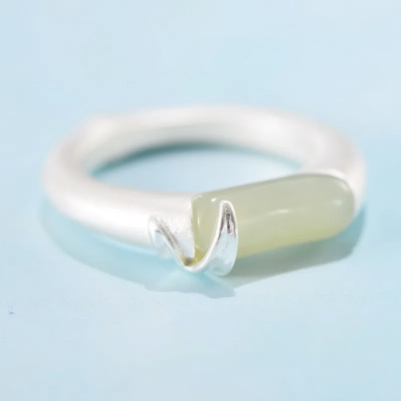 

National Style Natural Hotan Jade White Jade Bamboo Knot Versatile Ring MeiBaPJ Real S925 Sterling Silver Exquisite Gift Jewelry
