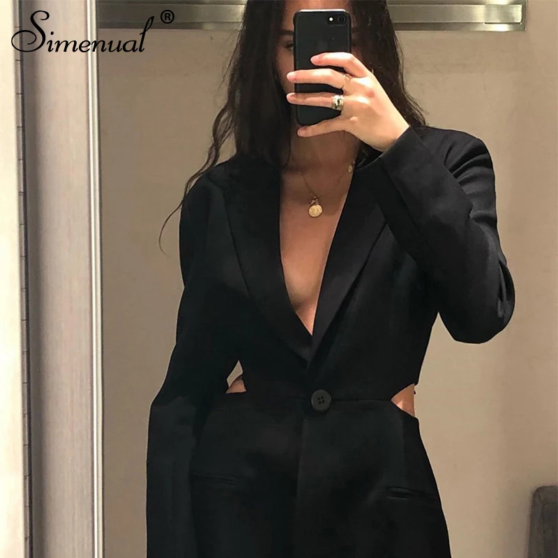 

Simenual Hollow Out Sexy Women Long Blazer V Neck Office Lady Long Sleeve Autumn Jackets 2019 Fashion Slim Basic Black Blazers