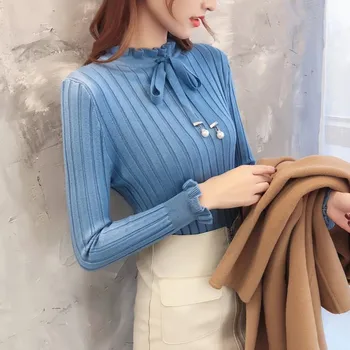 

Autumn Women Slim Knitted Sweater Petal Sleeve Bow Collar Sweater Elegant Knitted Sweater Lace Up Female Pullover
