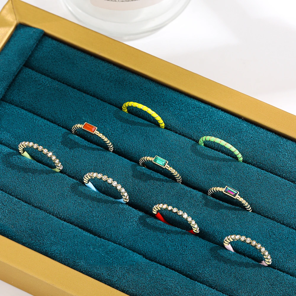 Geometric Square Multicolor Crystal Rings for Women Girls Korean Couple Gold Color Metal Thin Finger Rings Wedding Jewelry Gifts