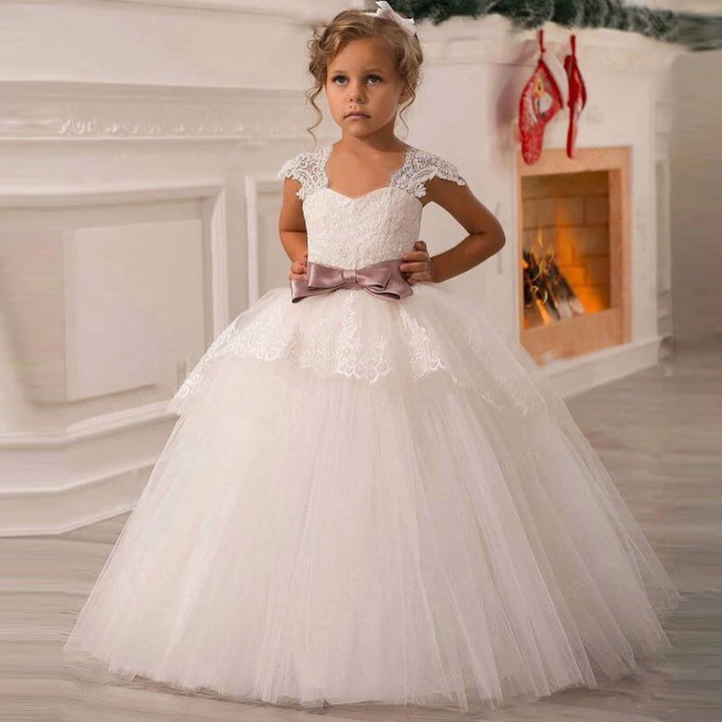 Белые Платья с цветочным узором для девочек на свадьбу, фатиновое кружевное длинное платье для девочек вечерние платья на Рождество детский костюм принцессы для детей 12 лет
