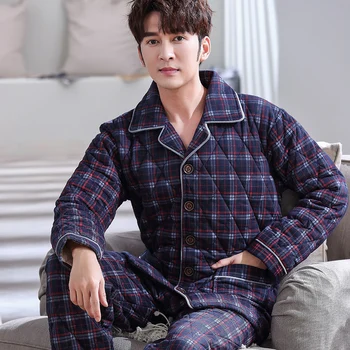 

New Arrival Men's Winter Quilted Pajamas Male Warm Knit Cotton Comfortable Thick Pyjamas Men Plaid Homewear Plus Size L-XXXL
