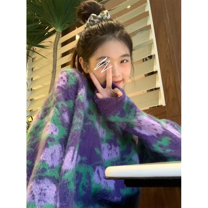 Cmaz Tie Dye Round-neck Long-sleeved Pullover Women 2021 Autumn New Korean Retro Loose and Idle Design Blouse | Женская одежда