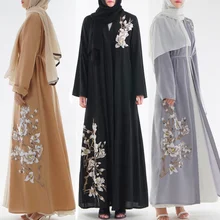 Макси Современная абайя вышивка мусульманская одежда черное открытое кимоно исламское платье джилбаб абайя Дубай Молитвенное платье мусульманское длинное платье