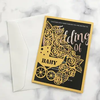 

15pcs/lot Welcome Newborn Invitations Card Birthday Party Laser Cut Baby Carriage Pattern Baby Shower Theme Invitation Card