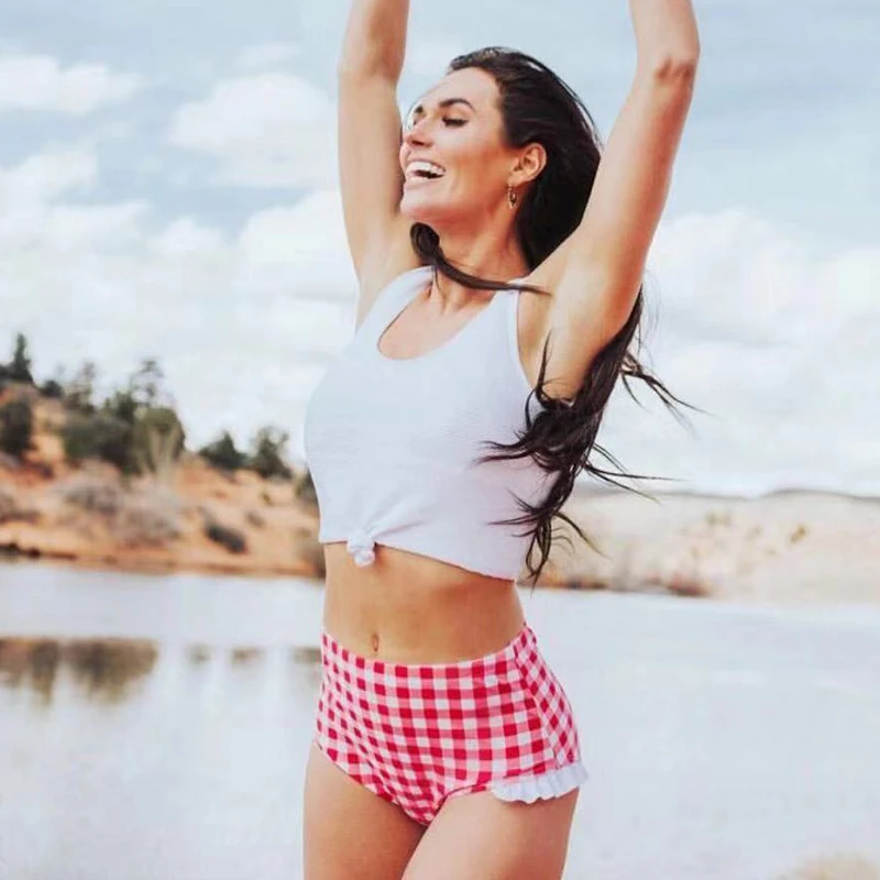 

High Waist Brazilian Bikini Set 2020 Plaid Swimwear Women Bandeau Swimsuit Female Push Up Bathing Suit Summer Bathers Biquini