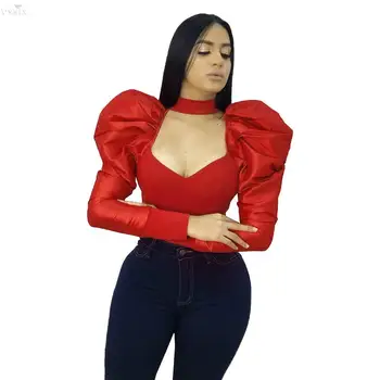 

Womens Clothing V-neck Full Puff Sleeve Solid Colour Sexy Fashion Night Clubwear Party Bandage Tops Tees Top Female Tee Shirt