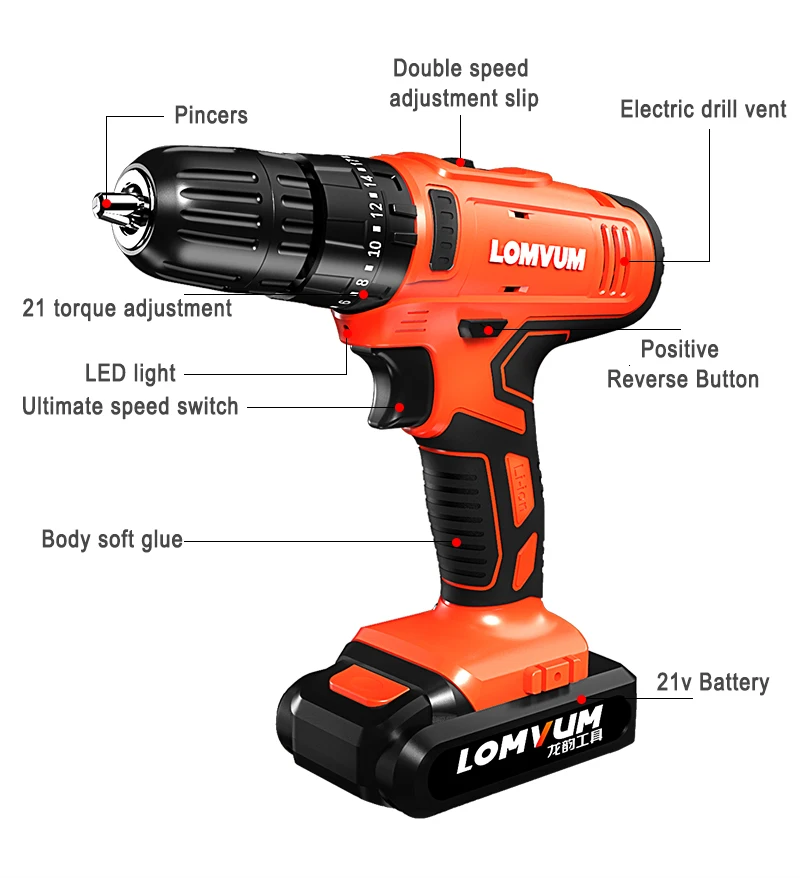 LOMVUM электрическая отвертка 21 в Imapct Аккумуляторный приводной Инструмент Аккумуляторные дрели литий-ионная аккумуляторная батарея винтовые поворотные инструменты