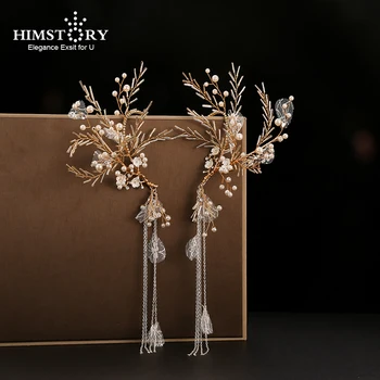 

Himstory Bridal Golden Jewelry Earrings Jackets Beautiful Wedding Ceremony tassel Crystals Pendant Ear Hang Hair Accessories