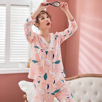 

2020 Literary Cotton Silk Plus Size Long Sleeve Pajamas Women Polyester Can Worn Outside Homewear Lace Flower Print Pajama Set