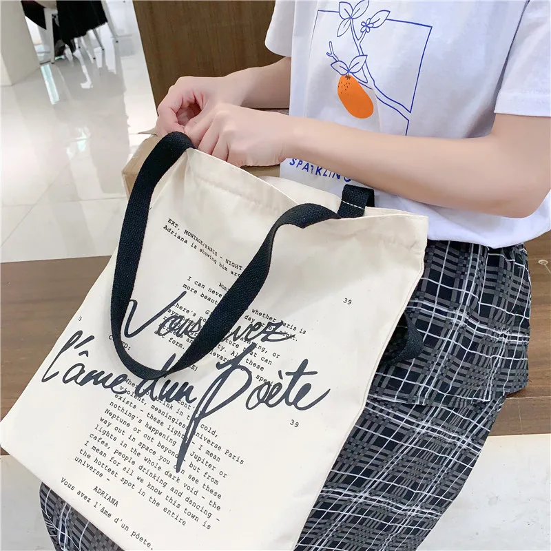 Women Canvas Handbag Shoulder Bag Letters Print Shopping Bag Cotton Linen Shopper Bags