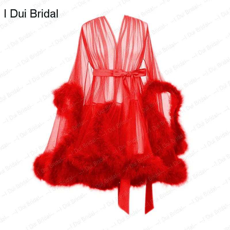 Short Marabou Women Feather Robe Boudoir Sheer Tulle Illusion Birthday Lingerie Set evening dresses