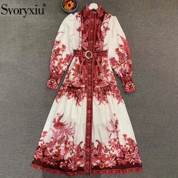 

Svoryxiu Fashion Designer Autumn Female Elegant Vintage Long Dresses Women Red Floral Print Belt Lantern Sleeve Shirt Dress
