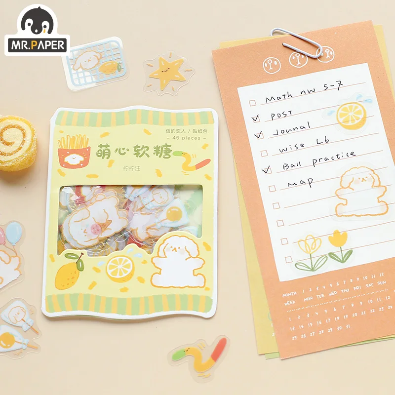 Mr.paper 6 Designs 45 Pcs/bag Cartoon Style Cute Heart Soft Candy Series Creative Hand Account Deco DIY Collage Material Sticker