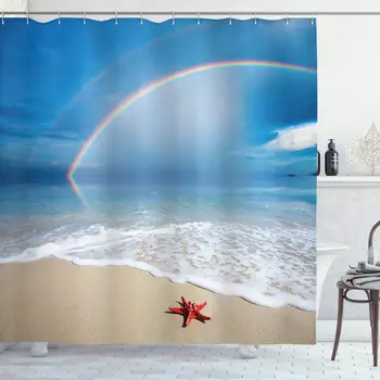 

Starfish Shower Curtain, Rainbow Over The Sea Clouds and Clear Sky Foamy Ocean Waves on The Sandy Beach, Cloth Fabric Bathroom