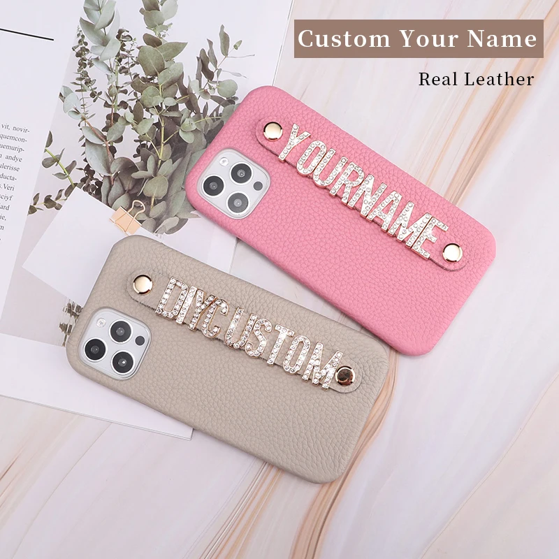 Luxury Custom Initial Name Real Leather Phone Case For iPhone 11 12 Pro Mini Max X XR XS 7 8Plus Diamond Metal Letters Cover