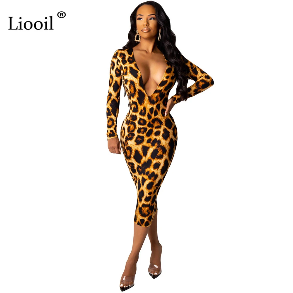Liooil сексуальное облегающее платье миди с леопардовым принтом для женщин Осень Зима с длинным рукавом глубокий v-образный вырез коричневые вечерние облегающие платья для ночного клуба