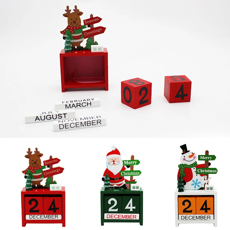 Christmas Advent Countdown Calendar Wooden Santa Claus Snowman Reindeer Pattern With Painted Blocks Holiday Home Ornament Decor
