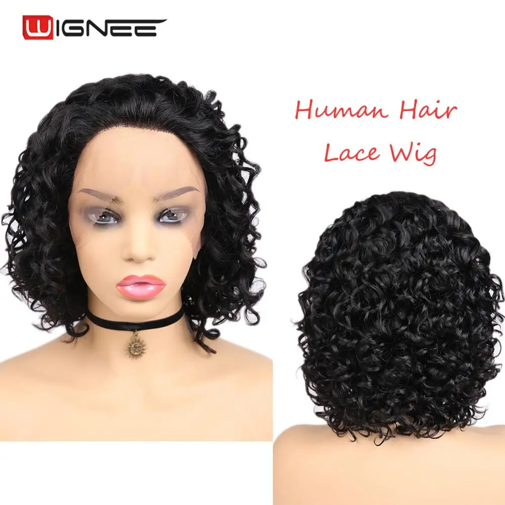 

Wignee Lace Front Short Pixie Curly Human Hair Wig For Women Natural Black/Ombre Light Brown Lace Human Wig For African American