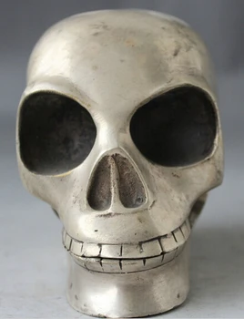 

---509+++5" China Chinese Feng Shui Folk Silver Man Die Skull Head Bust Statue Sculpture