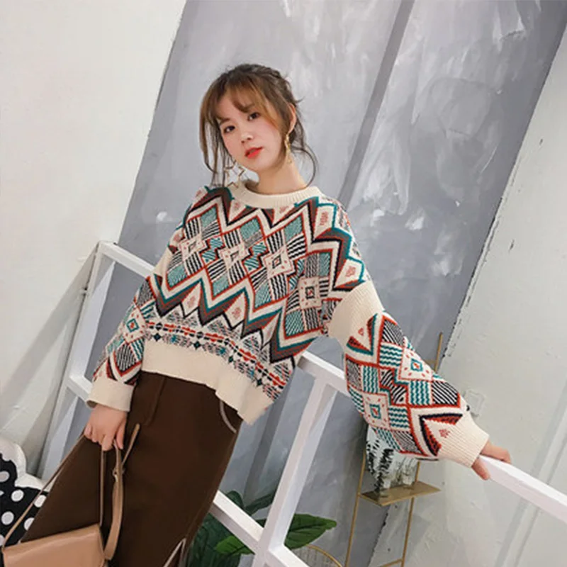 

Vintage Ethnic Sweater Women 2019 Spring Autumn Loose Knitted Sweaters Geometric Print Pullover Female Casual O-Neck Tops