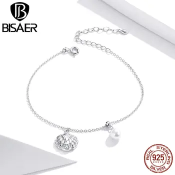 

BISAER Bracelets Real Sea Shell With Pearl 925 Sterling Silver Chain Link For Women Fashion Luxury Silver 925 Jewelry HSB179