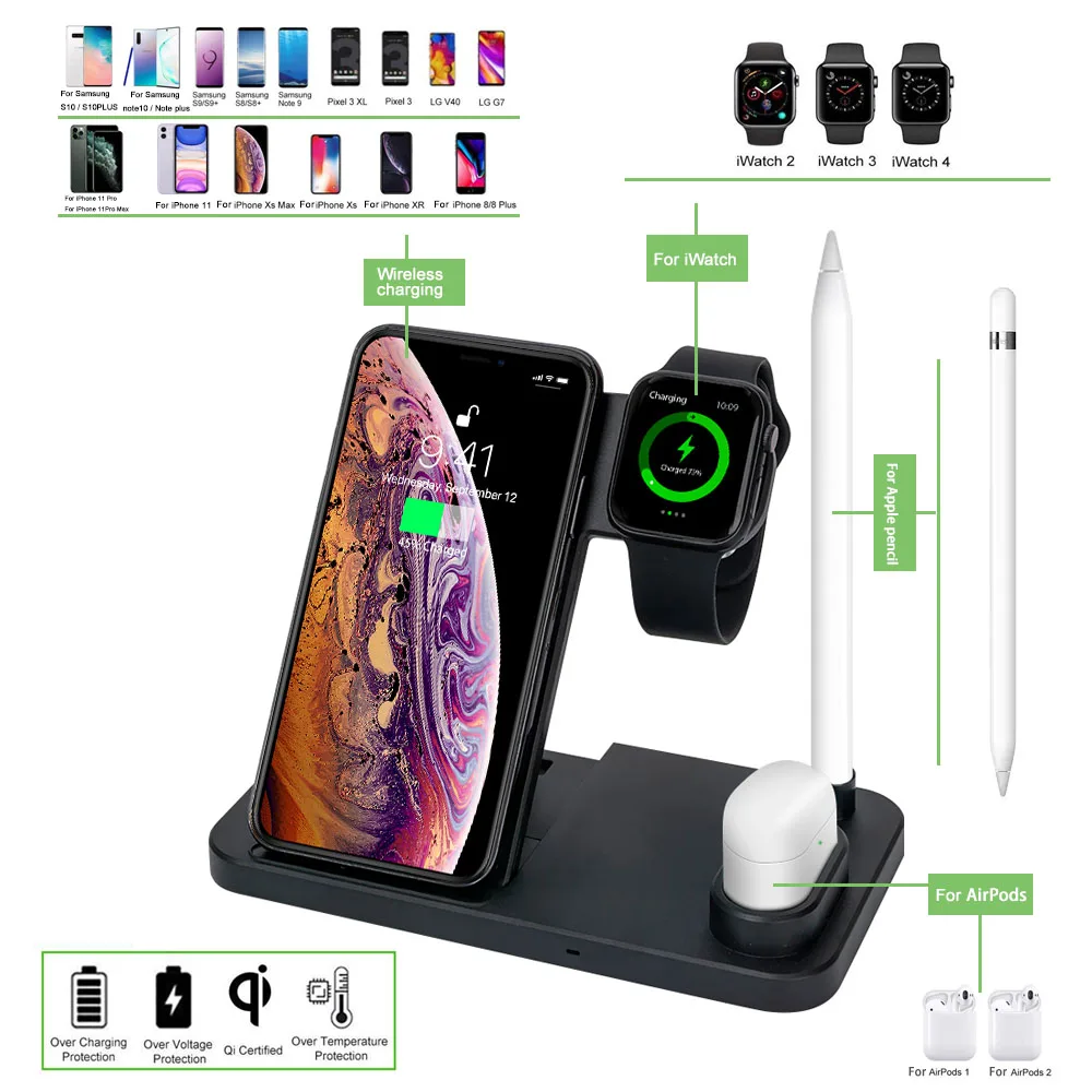 10W Qi Wireless Charger Stand Dock Station For Apple Watch Series 5 4 3 2 I Watch Iphone 11 Pro Max XR X Xs Airpods Apple Pencil