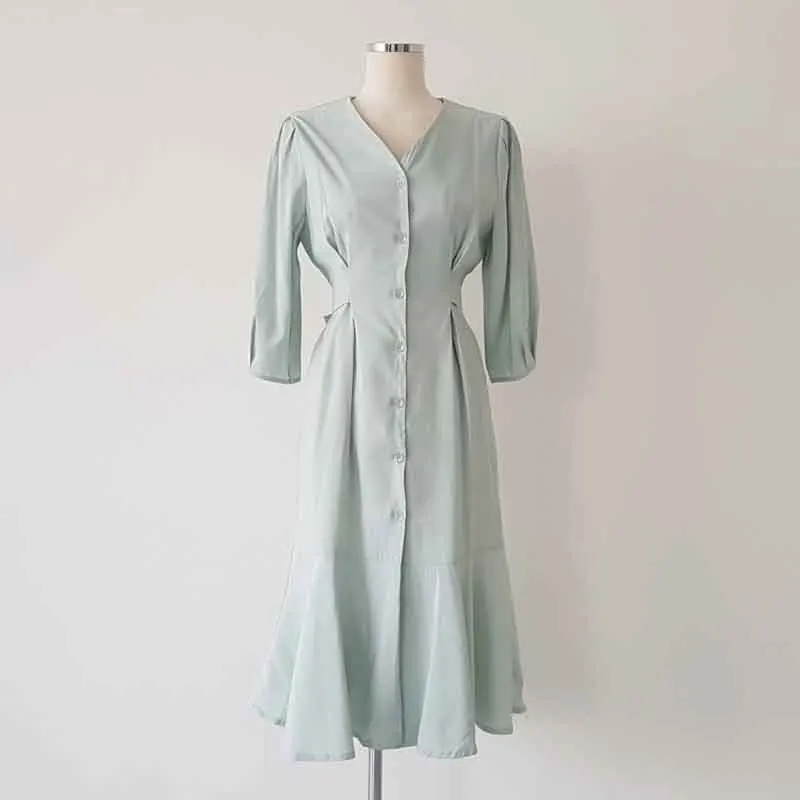 

2020 New Summer Women Dress Korean Style Slim Waist Dress V Necki Knee Length Office Lady Elegant Single Breasted Dress Vestidos