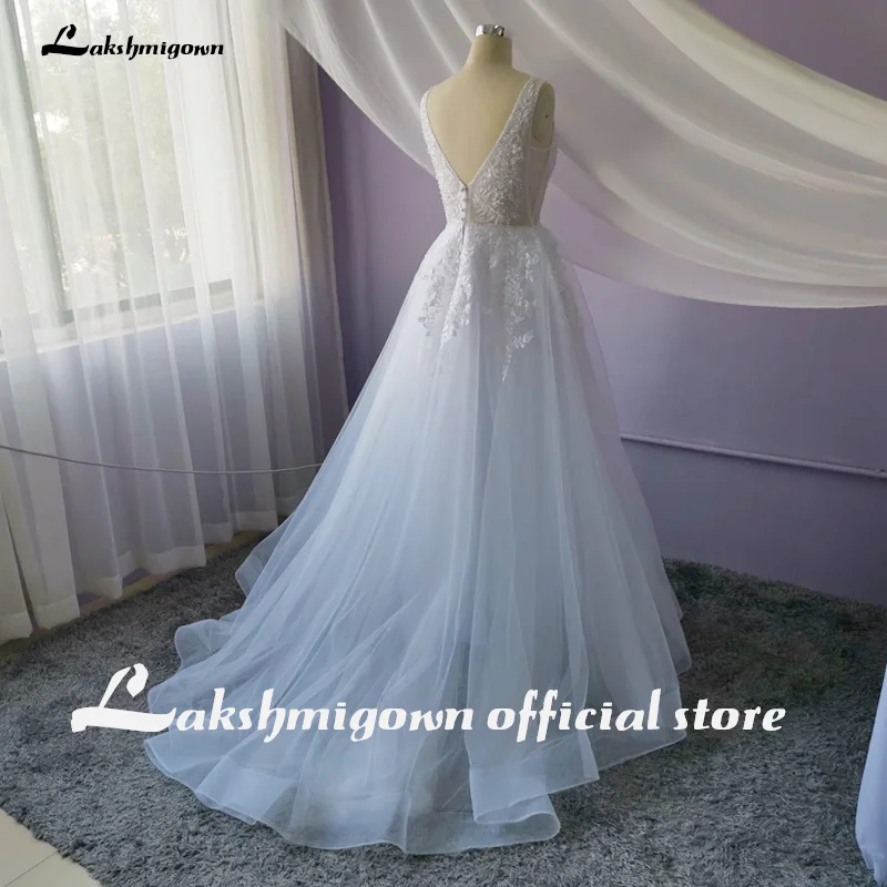 Lakshmigown иллюзия V шеи Кружева пляжные свадебные платья аппликации бисером Танк суд поезд Свадебные платья размера плюс