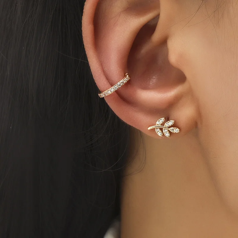 2021 New Ear Clip Bohemian Gold Color Ear Cuffs Zircon Leaf Clip Earrings For Women Climbers Stud Earring Fashion Accessories 