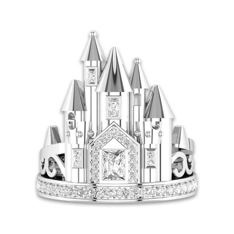 Silver Color Romantic Castle Ring for Women Jewelry Wedding Anillos Engagement Zircon Ring Statement Gifts Size 5-11