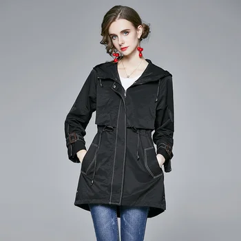 

Autumn Loose Hooded Casual Trench Coat Women Abrigos Mujer Invierno 2020 Lace-up Khaki Long Sleeve Jacket K6737