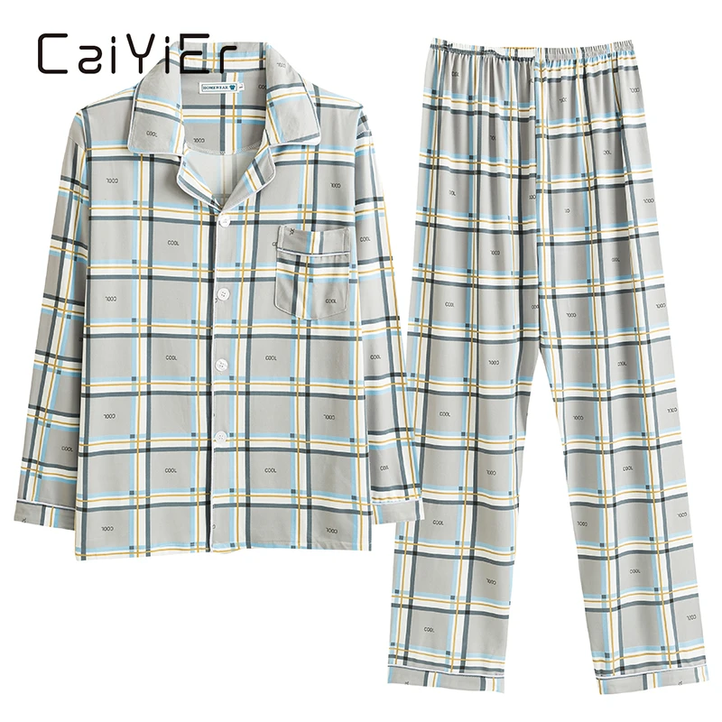 mens cotton pajama sets CAIYIER Winter Long Sleeve Pajamas Set For Men Casual Striped Male Nightwear Leisure Elastic Waist Outwear Home Clothing L-3XL mens pjs