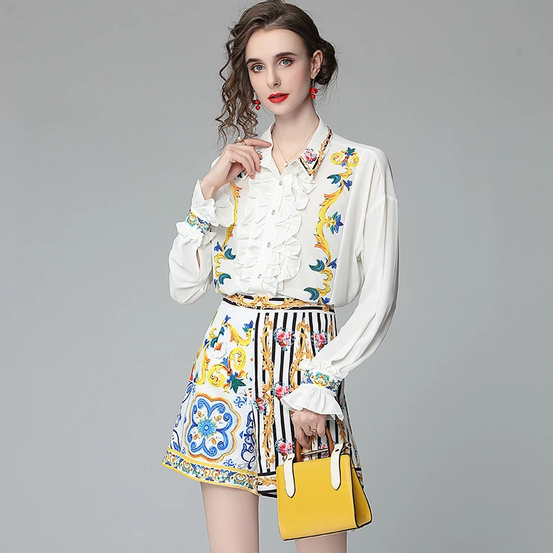 two piece skirt set Banulin Summer Runway Flower Print Two-piece Set Women Flare Sleeve Ruffles Shirt Top and Stripe Pocket Shorts Suits Set N56608 satin pajamas for women