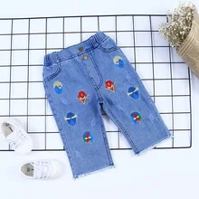 Летние новые стильные детские джинсы в Корейском стиле для мужчин и женщин, Капри, маска с вышивкой унисекс, универсальные свободные штаны