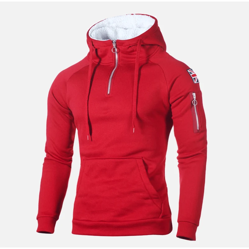 Winter Hooded Fleece Thicken Mens Sweatshirt Zipper Badge Pockets Patchwork Male Hoody Casual Solid Warm Man Pullover Tops