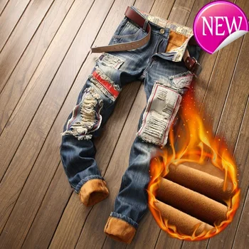 

Warm Men's Winter Ripped Jeans Pants Fleece Lined Destroyed Denim Trousers Thick Thermal Distressed Jeans Patchwork Dorpshipping
