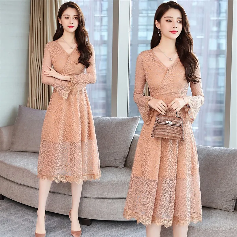 

Autumn winter dress women sexy party elegant office vestido de festa long sleeve lace midi modis korean ropa mujer sukienka robe