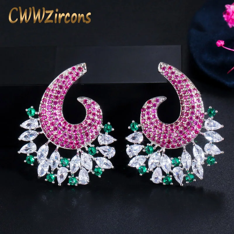 

CWWZircons Unique Plant Element Fuchsia Red Cubic Zirconia Crystal Big Drop Earrings for Women Luxury Jewelry Collection CZ707