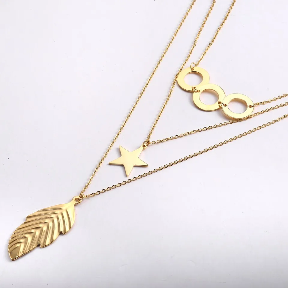 Statement Pendant Necklace Women Accesories Leaves Stars Stainless Steel Jewelry Gold Chain Long Multilayer Layered Necklace