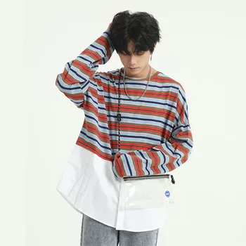 

Male Women Japan Korea Streetwear Hip Hop Loose Casual Tees Shirts Men Stripe Splice Long Sleeve T-shirt