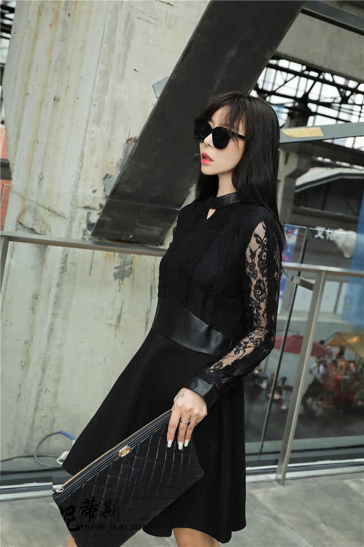 Genuine Leather Dress Elegant Mock Neck Cut-and-Sew Lace Panel Long Sleeve Dress Women Autumn Black Fit and Flare A Line Dresses