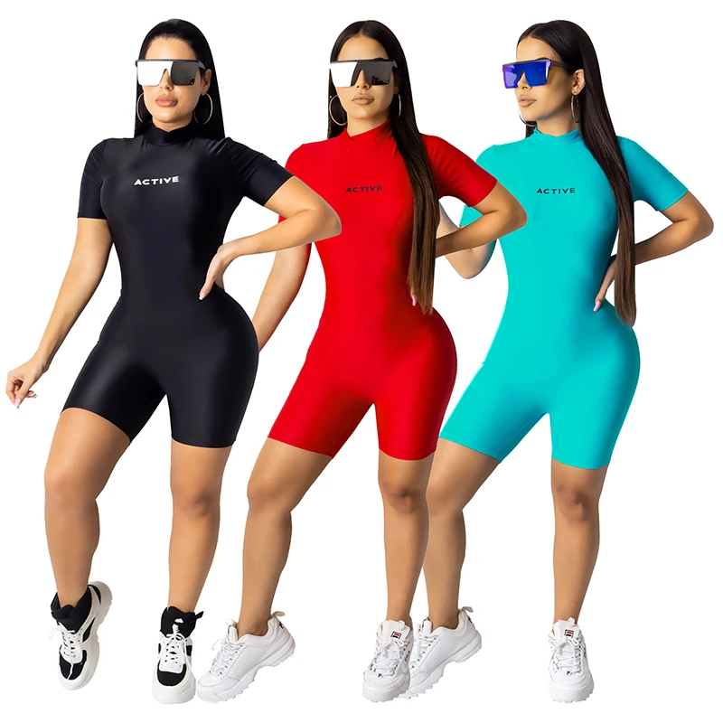 

New Arrival Autumn Women Jumpsuit Hot Style Solid-color Letter Print Zipper Short Sleeves Skinny Polyester Rompers